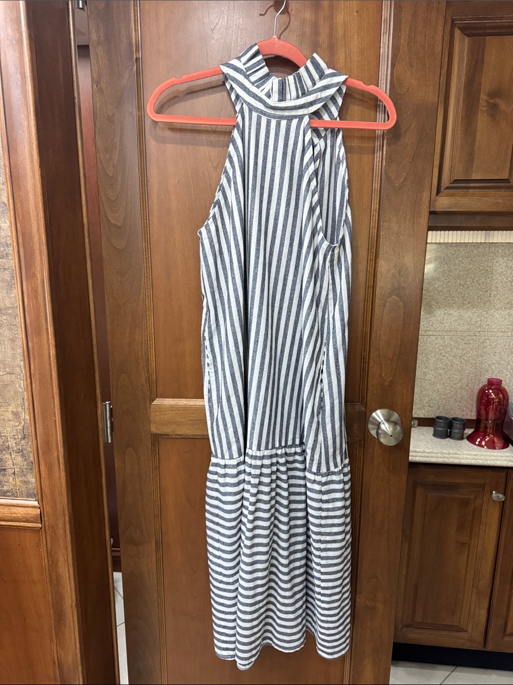 Striped Halter Linen Midi Dress in White and Gray